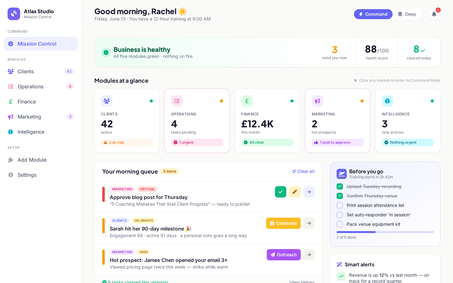 Catalync Mission Control Dashboard with revenue metrics, client health scores, and task overview